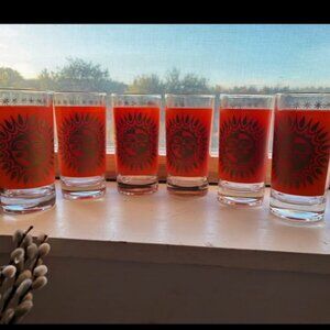 6x Jeannette Orange & Gold Aztec Sun 10 oz Highball Glasses, Vintage Barware